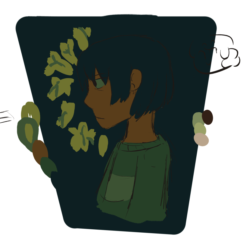 chara dreemurr in profile, buttercup flowers arranged behind them to frame their face in a half circle.  their expression is sullen and melancholy, the colors are dark to reflect their mood.